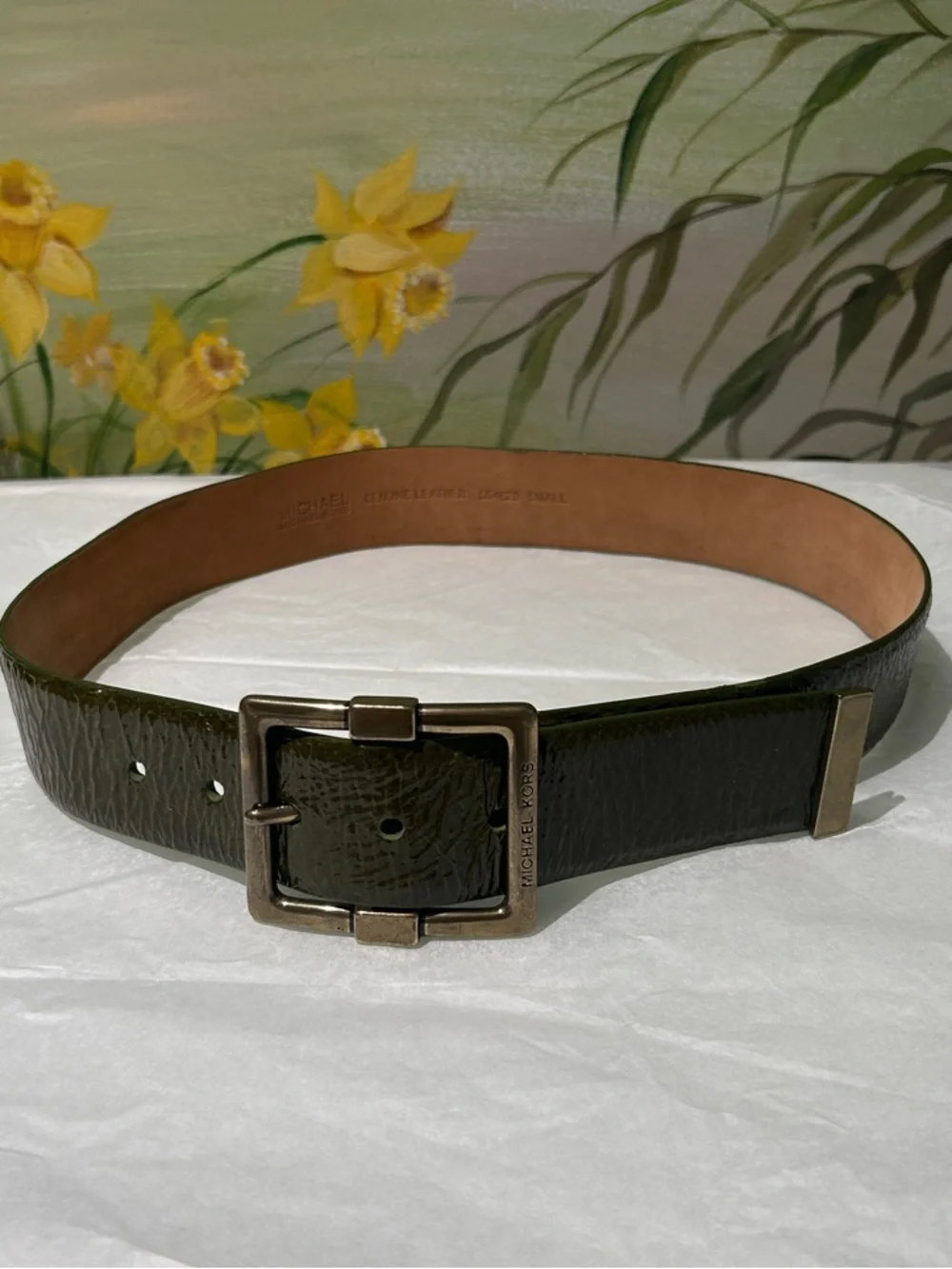 Michael Kors Olive Green Wide Crinkle Patent Leather Belt with Brass Buckle